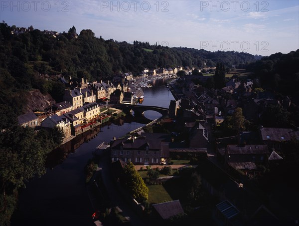France, Bretagne, Cotes d Armor, Medieval market town of Dinan beside the River Rance. View from main road viaduct.. Photo : Bryan Pickering