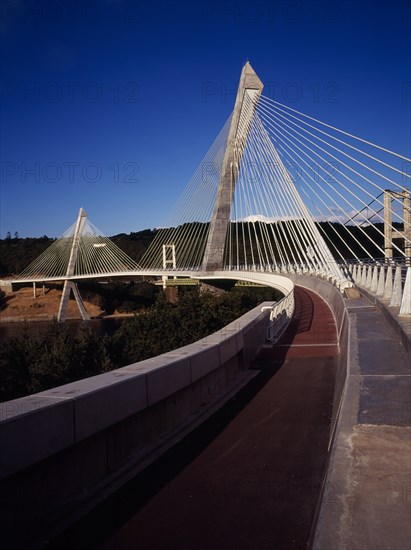 France, Bretagne, Finistere, View from South Bank left side of the Pont de Terenez suspension bridge over the River Aulne completed in 2011.. Photo : Bryan Pickering