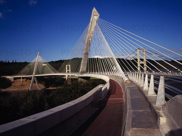 France, Bretagne, Finistere, View from South Bank left side of the Pont de Terenez suspension bridge over the River Aulne completed in 2011.. Photo : Bryan Pickering