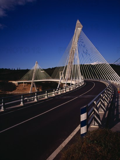 France, Bretagne, Finistere, View from South Bank right hand side of the Pont de Terenez suspension bridge over the River Aulne completed in 2011.. Photo : Bryan Pickering