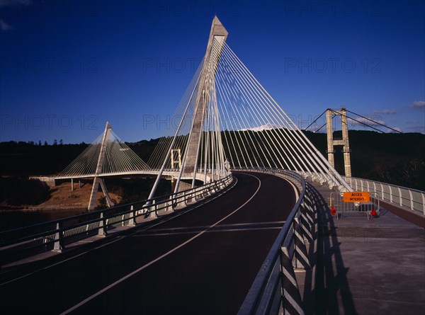 France, Bretagne, Finistere, View from South Bank right hand side of the Pont de Terenez suspension bridge over the River Aulne completed in 2011.. Photo : Bryan Pickering