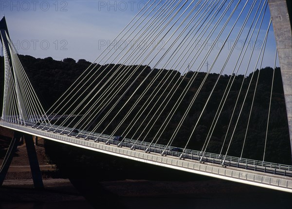 France, Bretagne, Finistere, Ile de Crozon. The new Pont de Terenez suspension bridge opened April 2011. From hillside above the River Aulne showing suspension supports. View south. Photo : Bryan Pickering