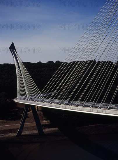 France, Bretagne, Finistere, Ile de Crozon. The new Pont de Terenez suspension bridge opened April 2011. From hillside above the River Aulne showing suspension supports. View south. Photo : Bryan Pickering