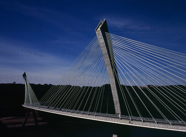 France, Bretagne, Finistere, Ile de Crozon. The new Pont de Terenez suspension bridge opened April 2011. From hillside above the River Aulne showing suspension supports. View south. Photo : Bryan Pickering