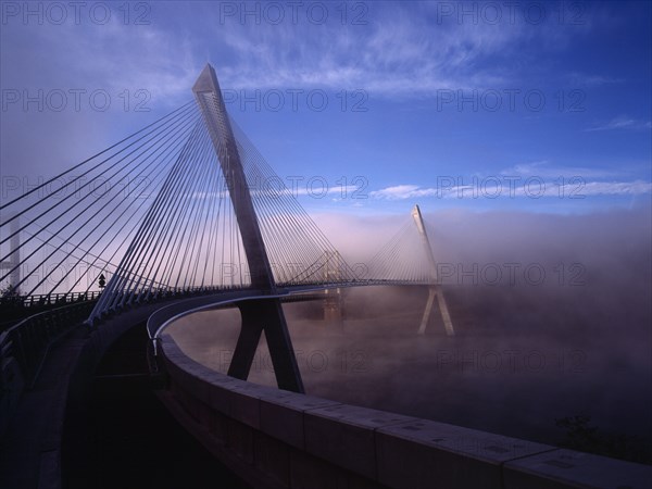 France, Bretagne, Finistere, Ile de Crozon. The new Pont de Terenez suspension bridge opened April 2011. View from north bank of the River Aulne of the west side footway looking south. Photo : Bryan Pickering