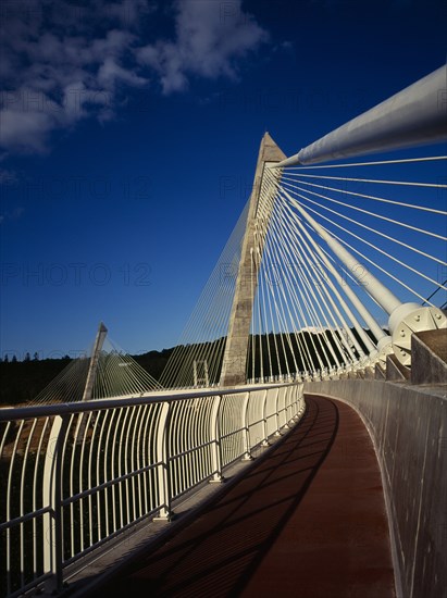 France, Bretagne, Finistere, The new Pont de Terenez suspension bridge opened April 2011 from south bank left side of the River Aulne.. Photo : Bryan Pickering