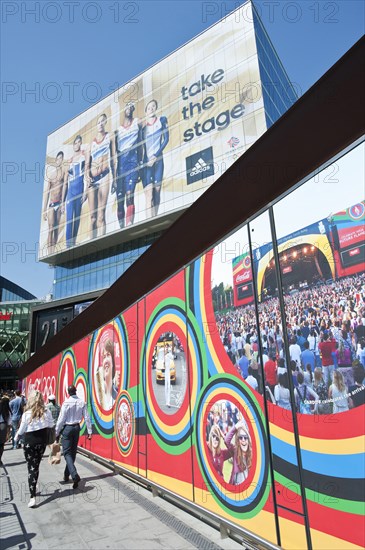 Advertisement for Adidas sponsorship of Great Britain athletes at the Westfield shopping centre and the Coca Cola bridge