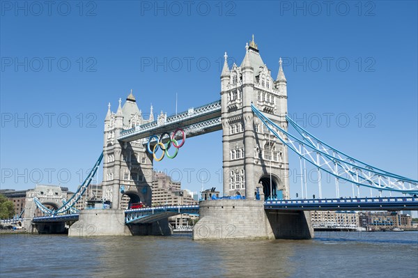 The Olympic rings suspended from the gantry of London's Tower Bridge celebrate the London 2012 Olympic games.