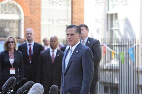England, London, US Republican Presidential hopeful Mitt Romney addresses journalists outside 10 Downing Street after visiting Primeminister David Cameron. Photo : Sean Aidan