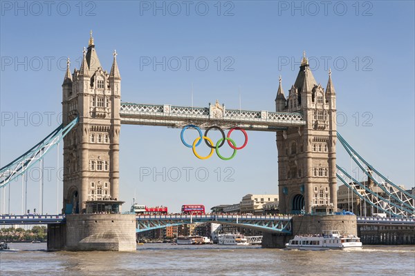 Tower Bridge, with the Olympic rings celebrating the 2012 Olympic Games, London, England