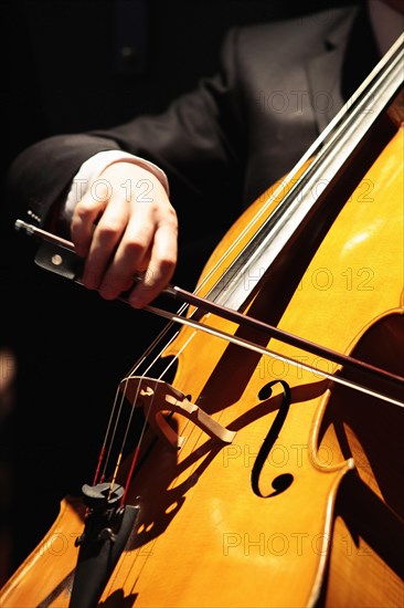 Music, Instruments, Strings, Cello detail of hand using bow across the strings. Photo : Sean Aidan