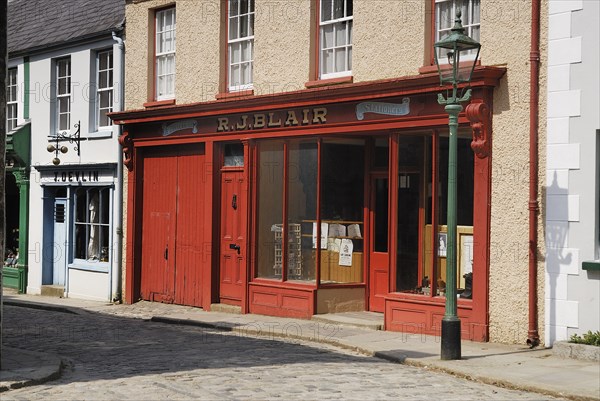 Ireland, County Tyrone, Omagh, Ulster American Folk Park 19th century street Blair stationers shopfront. Photo : Hugh Rooney