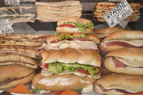 Italy, Lazio, Rome, Display of panini and pizza for sale. Photo : Bennett Dean