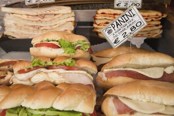 Italy, Lazio, Rome, Display of panini and pizza for sale. Photo : Bennett Dean