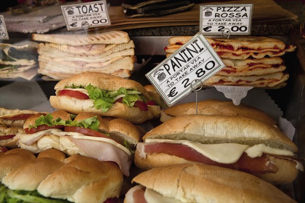 Italy, Lazio, Rome, Display of panini and pizza for sale. Photo : Bennett Dean