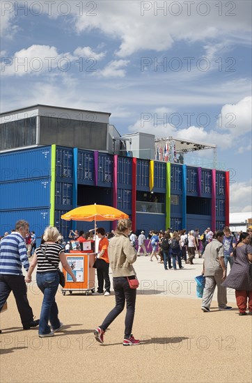 England, London, Stratford Olympic Park View of the BBC Studio complex made from shipping containers. Photo : Adina Tovy - Amsel