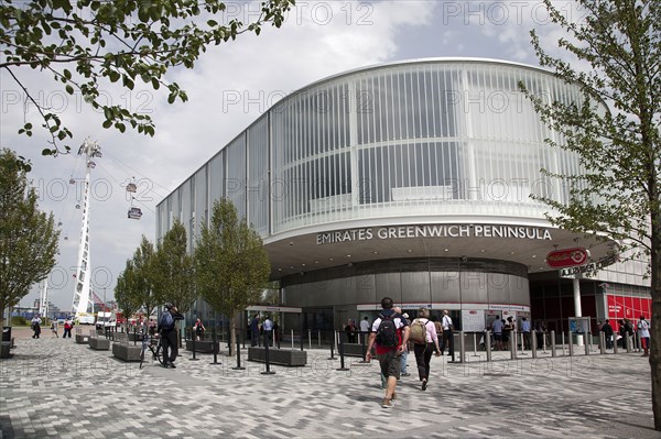 England, London, Entrance of Emirates Air Line Greenwich Peninsula terminal. Photo : Adina Tovy - Amsel