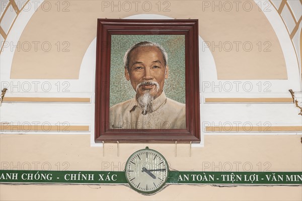 Vietnam, Ho Chi Minh City, Vietnam Portrait of Ho Chi Minh inside the Central Post Office. Photo : Mel Longhurst