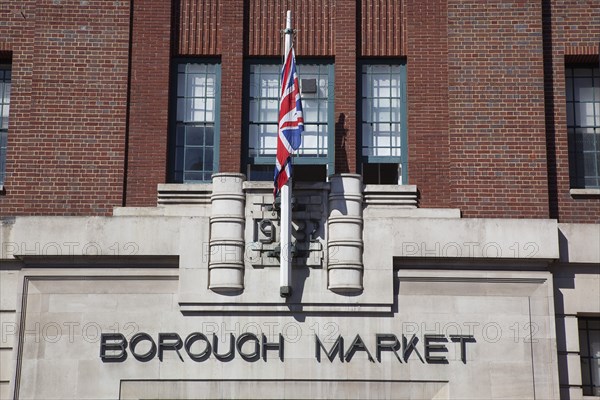 England, London, Borough Market entrance with union flag flying.England London Southwark Borough Market entrance with union flag flying. Photo : Stephen Rafferty