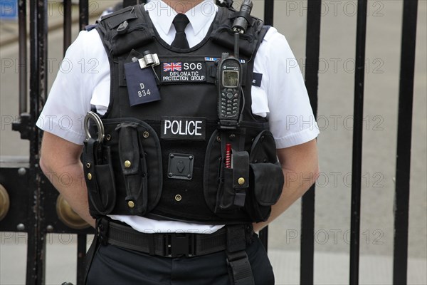 England, London, Detail of Police stab proof vest with various accessories. Photo : Sean Aidan