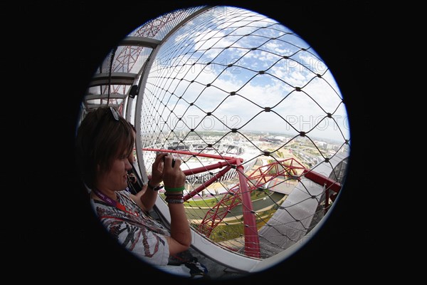 England, London, Stratford Fisheye view over the Olympic park from Anish Kapoors Orbit sculpture. Photo : Sean Aidan