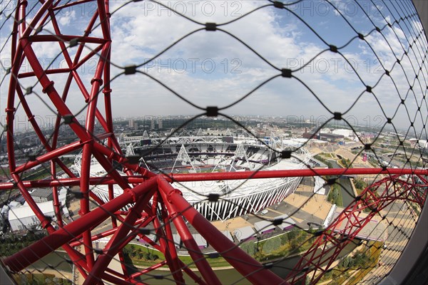 England, London, Stratford Fisheye view over the Olympic park from Anish Kapoors Orbit sculpture. Photo : Sean Aidan