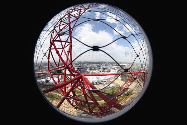 England, London, Stratford Fisheye view over the Olympic park from Anish Kapoors Orbit sculpture. Photo : Sean Aidan