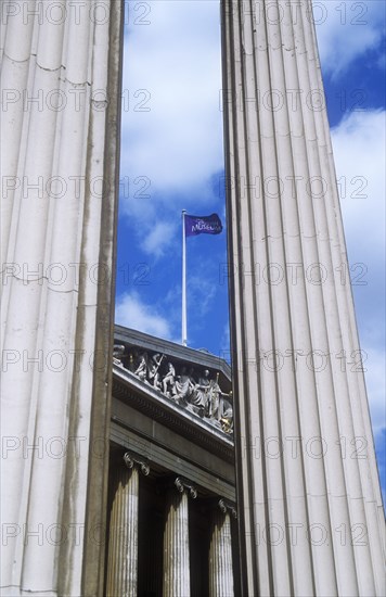 Education, Museums, General, The British Museum London. Part view of Classical Greek style portico with flag flying above. . 
Photo Sean Aidan / Eye Ubiquitous