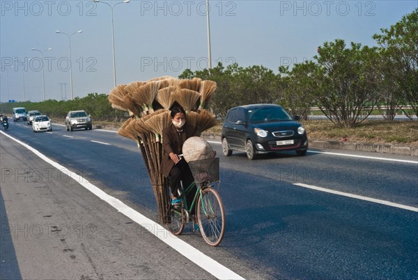 Vietnam, Transport, Woman on Bicycle in north region with a load of brooms. 
Photo Richard Rickard / Eye Ubiquitous