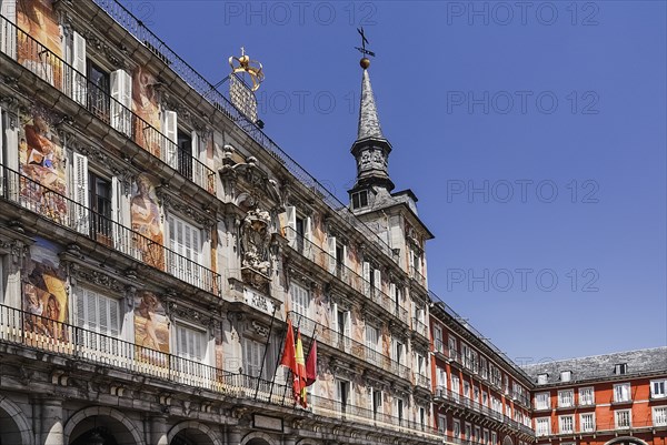 Spain, Madrid, Plaza Mayor Colorful murals on the Casa de la Panaderia. 
Photo Hugh Rooney / Eye Ubiquitous