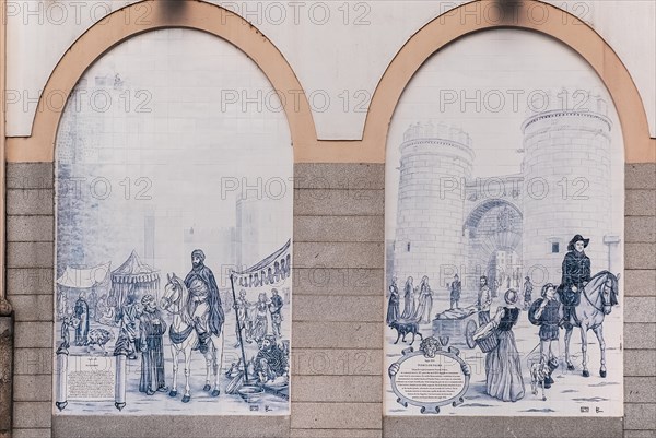 Spain, Extremadura, Badajoz, Tiled arches on building in Paseo de San Francisco showing Alcazaba and Puerta de Palmas. 
Photo Hugh Rooney / Eye Ubiquitous