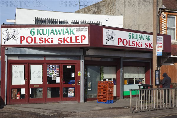 England, West Sussex, Bognor Regis, Exterior of Polish delicatessen. . 
Photo Stephen Rafferty / Eye Ubiquitous