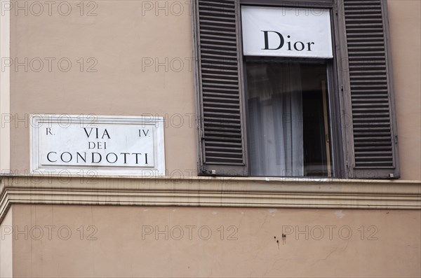 Italy, Lazio, Rome, Via del Condotti Street sign on the Christian Dior shop next to the Spanish Steps. 
Photo Stephen Rafferty / Eye Ubiquitous
