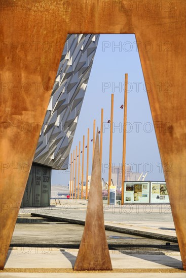 Ireland, North, Belfast, Titanic Quarter  Titanic Belfast Visitor Experience  Vista through Titanic sign.