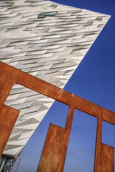 Ireland, North, Belfast, Titanic Quarter  Titanic Belfast Visitor Experience  Graphic shapes of a section of the building and the Titanic sign.