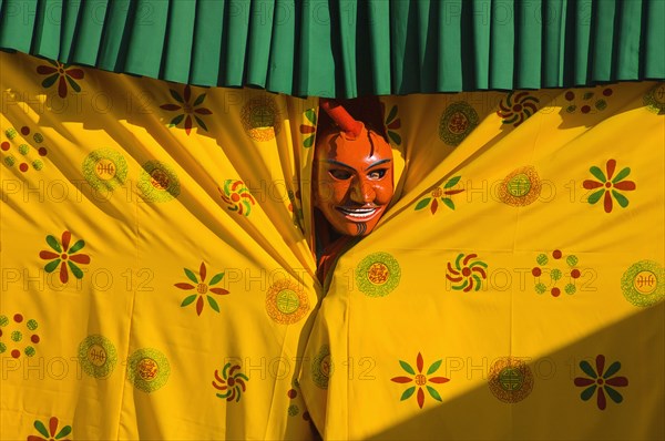 Bhutan, Thimpu Dzong, Atsara, or comedian peering out from behind a curtain at a masked dance Tsecchu. 
Photo Nic I'Anson