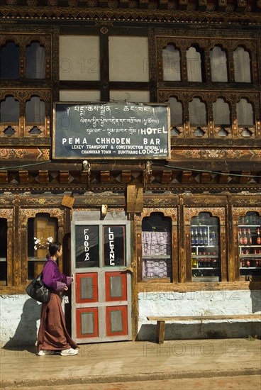 Bhutan, Bumthang District , Jakar, Exterior of local hotel.