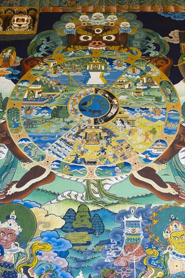 Bhutan, Punakha, Punakha Dzong, Tibetan Buddhist Wheel of Life painted on wall outside main temple. 
Photo Nic I'Anson