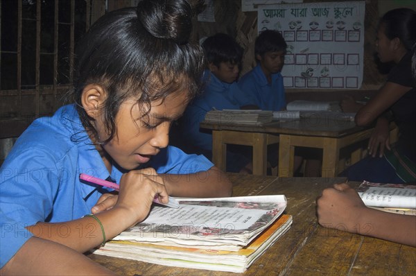 Bangladesh, Chittagong Division, Rowangchhari Upazila, Mro minority ethnic group children sat in primary school classroom with teaching aids on walls around them provided by development programme. . 
Photo Nic I'Anson