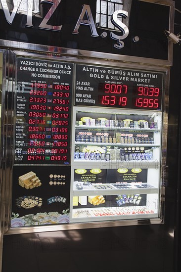 Turkey, Istanbul, Fatih, Sultanahmet, Kapalicarsi, Gold shop displaying prices of precious metals in the Grand Bazaar. 
Photo Stephen Rafferty