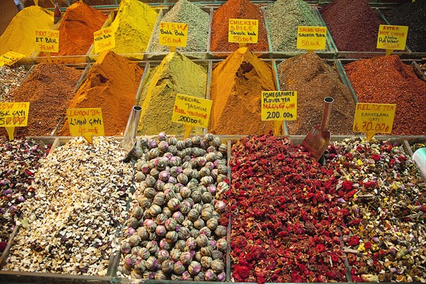 Turkey, Istanbul, Fatih, Eminou, Misir Carsisi, Display of various spices and dried teas in the Spice market. 1, . 
Photo Stephen Rafferty