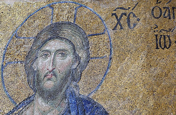 Turkey, Istanbul, Fatih, Sultanahmet, Haghia Sofia interior, Close up of the mosiac of Jesus. 
Photo Stephen Rafferty