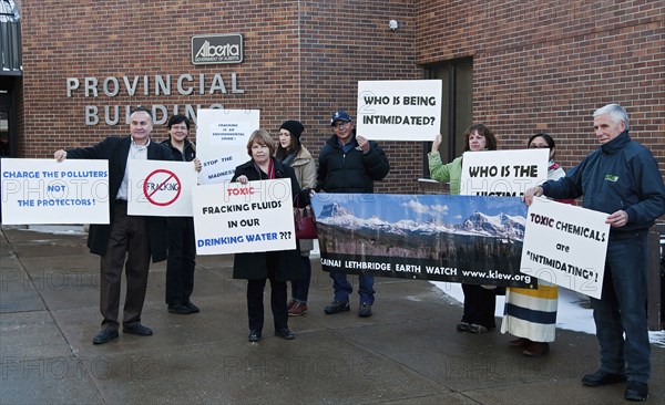 Canada, Alberta, Cardston, Anti-fracking protestators demonstrate outside the Alberta Provincial Court in support of Lois Frank  arrested and charged under the criminal code for intimidation and blocking oil company trucks fracking on the Blood Reserve.