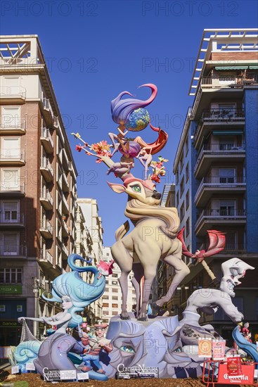 Spain, Valencia Province, Valencia, Typical falla scene with Papier Mache figures in the street during Las Fallas festival. 
Photo Hugh Rooney