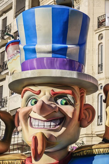 Spain, Valencia Province, Valencia, Papier Mache figure in the street during Las Fallas festival. 
Photo Hugh Rooney