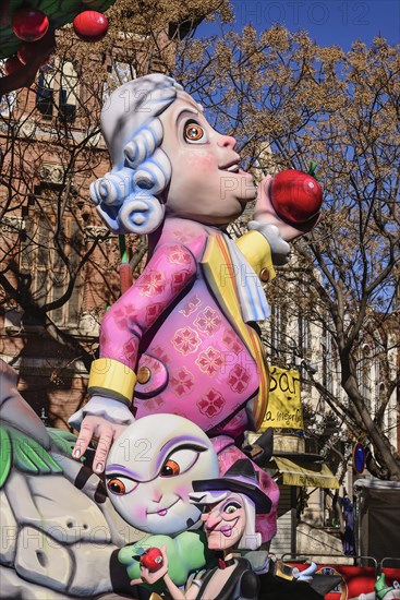 Spain, Valencia Province, Valencia, Papier Mache figure in the street during Las Fallas festival. 
Photo Hugh Rooney