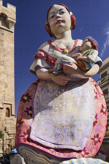 Spain, Valencia Province, Valencia, Las Fallas festival, Papier Mache figure at Torres de Quart. 
Photo Hugh Rooney
