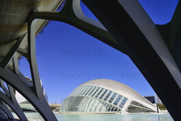 Spain, Valencia Province, Valencia, Spain, Valencia Province, Valencia, La Ciudad de las Artes y las Ciencias, City of Arts and Sciences, Palau de les Arts Reina Sofa, L'Hemisferic Imax Theatre Planetarium and Laserium. 
Photo Hugh Rooney