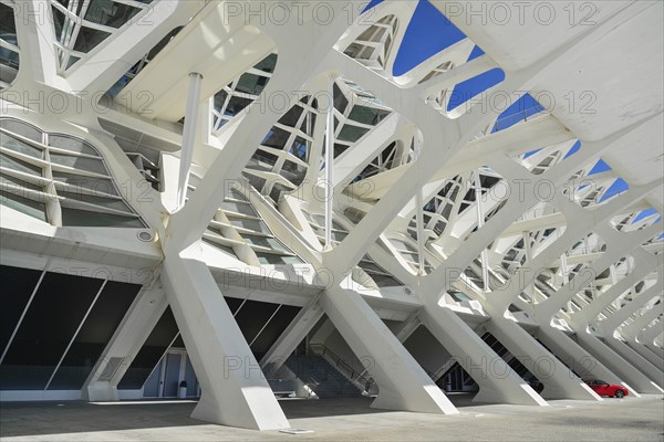 Spain, Valencia Province, Valencia, Spain, Valencia Province, Valencia, La Ciudad de las Artes y las Ciencias, City of Arts and Sciences, Principe Felipe Science Museum, Detail of the building with red Mercedes car protruding from one of the arches. 
Photo Hugh Rooney