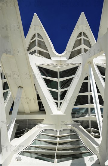 Spain, Valencia Province, Valencia, Spain, Valencia Province, Valencia, La Ciudad de las Artes y las Ciencias, City of Arts and Sciences, Principe Felipe Science Museum, Detail of the building's architecture. 
Photo Hugh Rooney